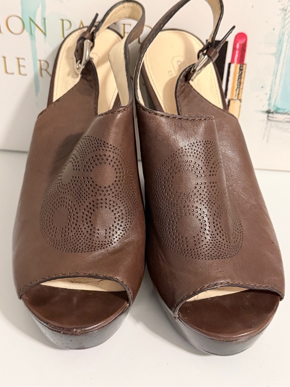 Coach Vintage Leather Brown Peep-Toe Slingback Wedges